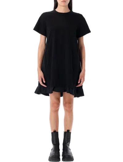 Sacai Ruffled Hem T-shirt Dress With Relaxed Silhouette In Black