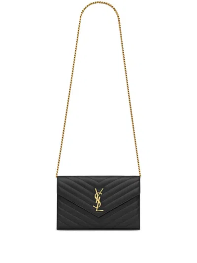 Saint Laurent Cassandre Envelope Leather Chain Wallet In Black