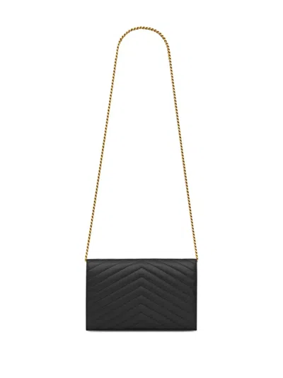 Saint Laurent Cassandre Envelope Leather Chain Wallet In Black