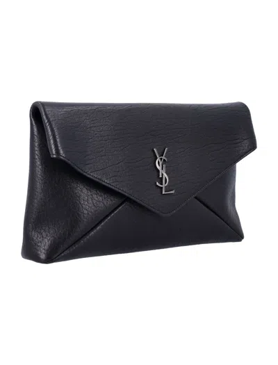 Saint Laurent Cassandre Large Black Envelope Clutch Bag With Logo