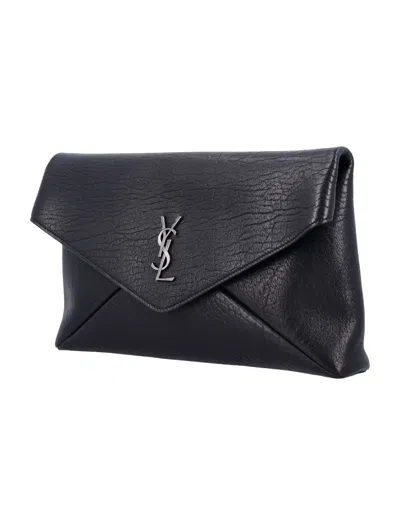 Saint Laurent Cassandre Large Black Envelope Clutch Bag With Logo