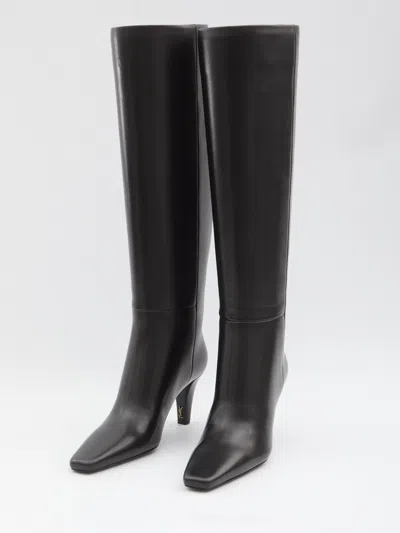 Saint Laurent Knee Length Stiletto Heel Pointed Toe Boots In Black