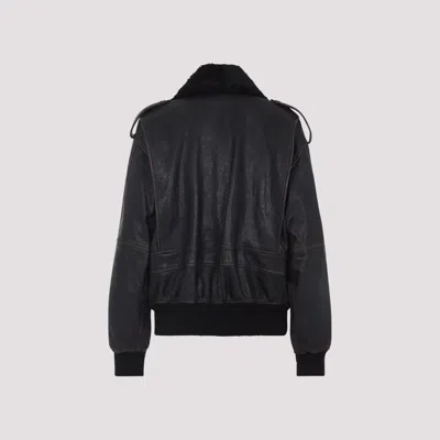 Saint Laurent Black Lambskin And Shearling Bomber Jacket In Black