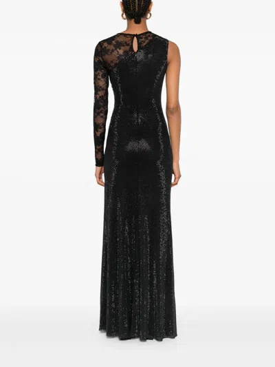 Self-portrait Rhinestone Lace Sleeve Maxi Dress With Draped Front And Side Slit