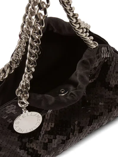 Stella Mccartney Falabella Mini Drawstring Bag Pixel Snake Sequins Embroidery In Black