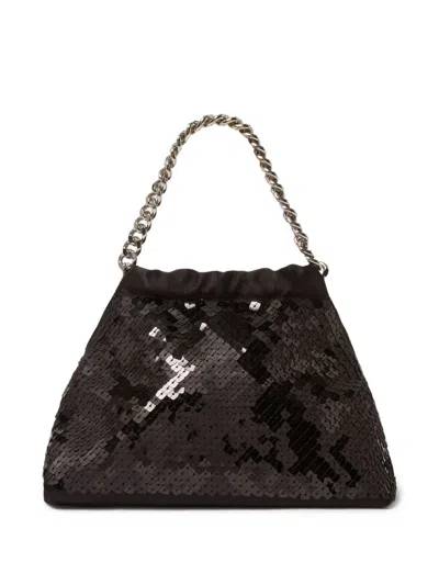 Stella Mccartney Falabella Mini Drawstring Bag Pixel Snake Sequins Embroidery In Black