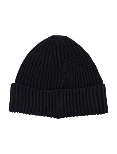 Stone Island Ribbed Knit Fisherman Beanie With Turn-up Cuff In Black