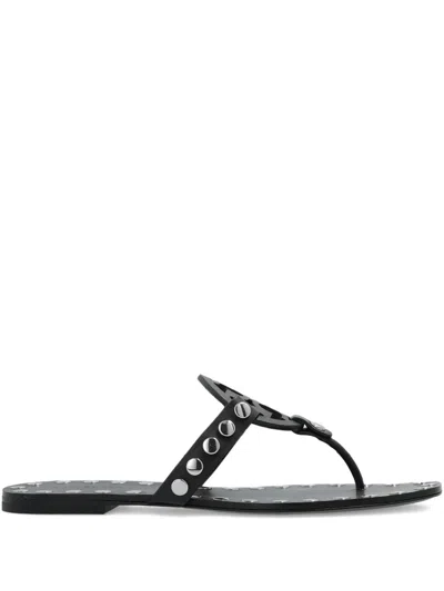 Tory Burch Black Thong Sandals With Logo On The Front And Stud Embellishments In Leather Woman In Black