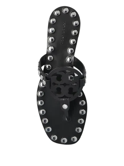 Tory Burch Black Thong Sandals With Logo On The Front And Stud Embellishments In Leather Woman In Black
