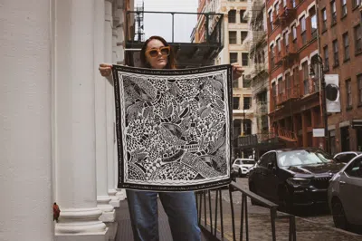 Jessie Zhao New York Double Sided Silk Scarf Of Black Garden
