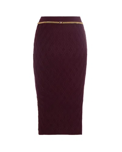 Elisabetta Franchi Diamond Knit Skirt With Merlot Jewel Detail In Burgundy