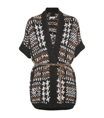 Brunello Cucinelli Houndstooth-pattern Short-sleeve Cardigan In Black