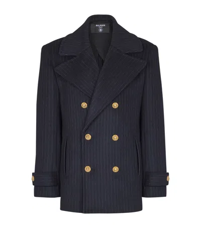 Balmain Merino Wool-blend Stripe Pea Coat In Blue