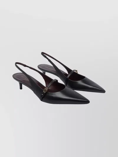 Tory Burch Double T Buckle Slingback Kitten Heel Sandals In Black