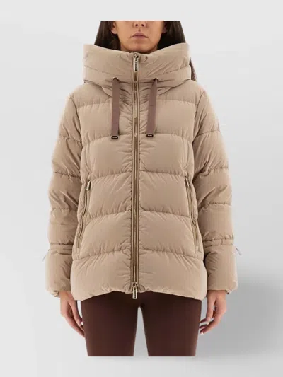 Moorer Long Quilted Jacket With Hood And Pockets In Neutral