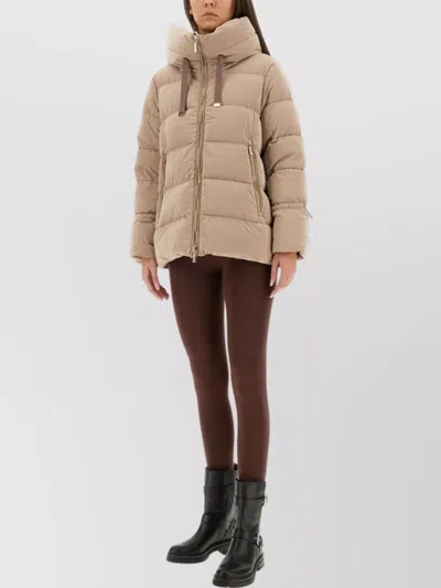 Moorer Long Quilted Jacket With Hood And Pockets In Neutral