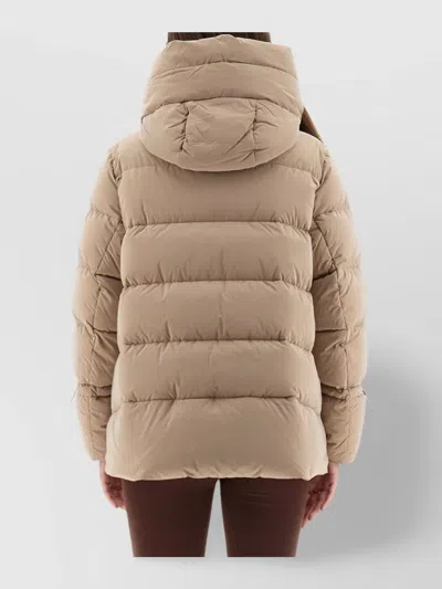 Moorer Long Quilted Jacket With Hood And Pockets In Neutral