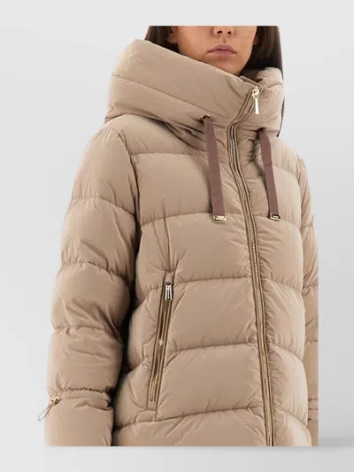 Moorer Long Quilted Jacket With Hood And Pockets In Neutral