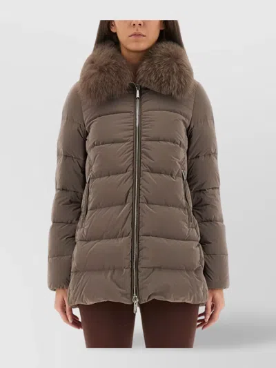 Moorer Trapeze-line Down Jacket With Detachable Fox Fur Collar In Neutral