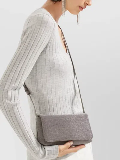 Brunello Cucinelli Rectangular Leather Shoulder Bag With Adjustable Strap In Gray