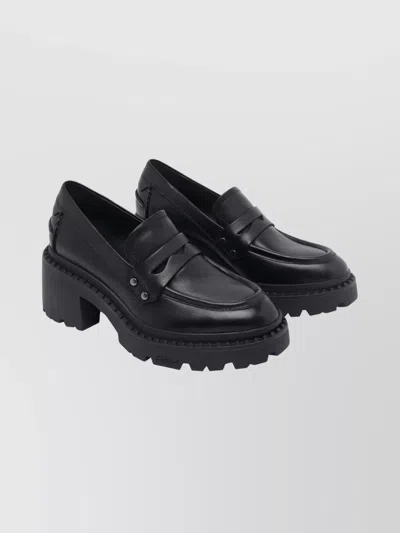 Ash Chunky Heel Leather Loafers With Penny Strap In Black
