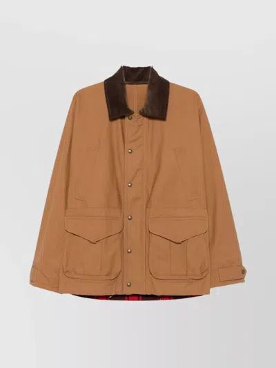 Junya Watanabe Cotton Canvas Jacket With Wool Back Insert And Corduroy Collar In Brown