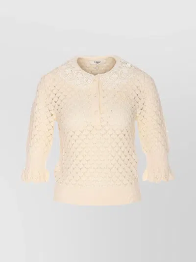 Chloé Ivory Knit Polo Shirt With Lace Collar In Neutral