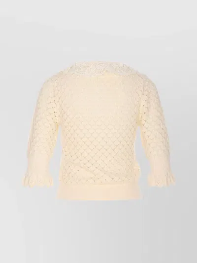 Chloé Ivory Knit Polo Shirt With Lace Collar In Neutral
