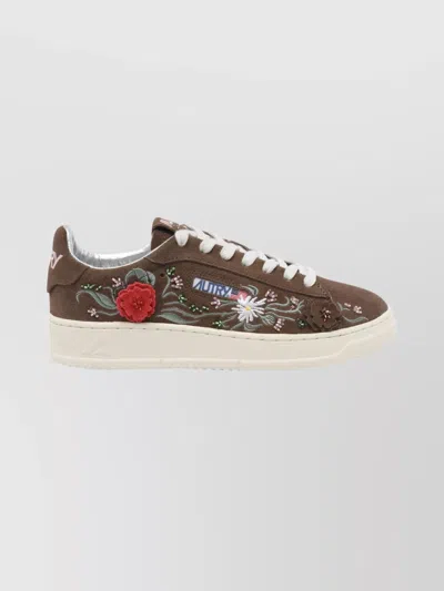 Autry Low-top Sneakers With Floral Embroidery In Rich Brown In Multi