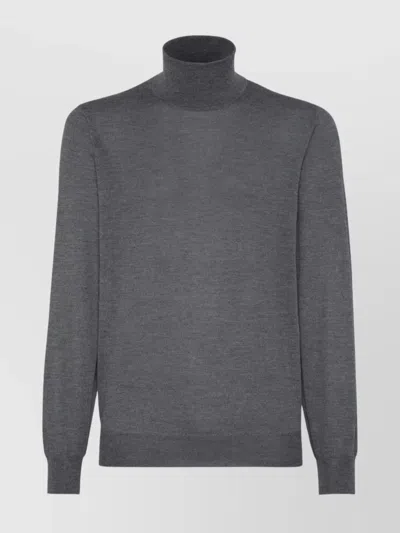 Brunello Cucinelli Wool Turtleneck Sweater With Ribbed Cuffs And Hem In Gray
