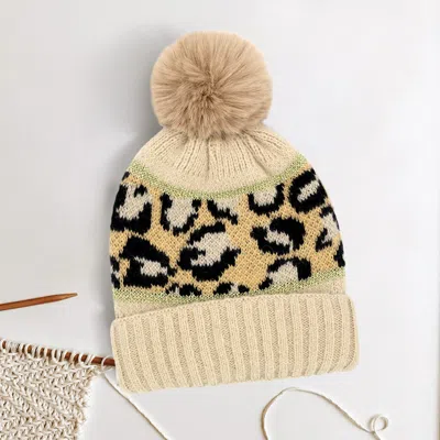 Fashnzfab Leopard Patterned Pom Pom Beanie Hat In Sand