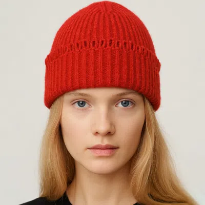 Fashnzfab Chunky Ribbed Knit Loop Trim Winter Beanie Hat In Red