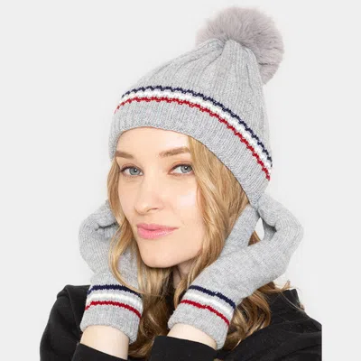 Fashnzfab Stripe Pointed Faux Fur Pom Pom Knit Beanie Hat In Gray