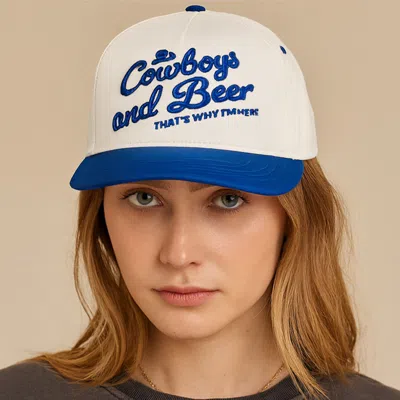 Fashnzfab Cowboy And Beer Message Embroidered Five Panel Canvas Snapback Baseball Cap In Blue
