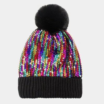 Fashnzfab Sequin Embellished Pom Pom Beanie Hat In Multi