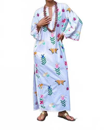 Nimo With Love Opal Cotton Kaftan Dress In White/mexican Embroidery In Multi