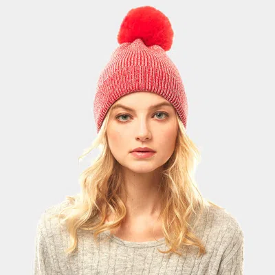 Fashnzfab Metallic Thread Pom Pom Beanie Hat In Red