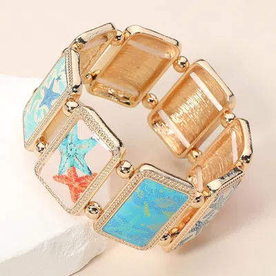 Fashnzfab Rectangular Starfish Epoxy Cluster Link Stretch Bracelet Gold, Multi In Multi
