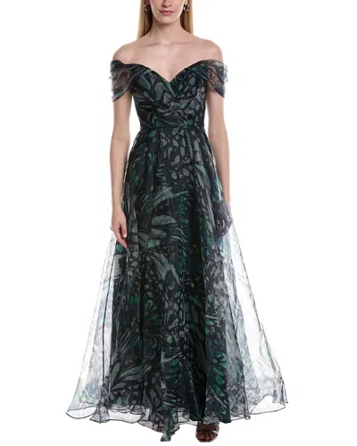 Rene Ruiz Draped A-line Printed Organza Gown In Black