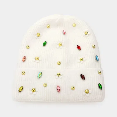 Fashnzfab Fleece Lining Daisy Flower Stone Embellished Solid Knit Beanie Hat In White