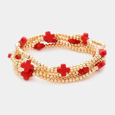 Fashnzfab 5pcs - Cross Pointed Metal Ball Beaded Stretch Multi Layered Bracelets In Red