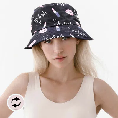 Fashnzfab Stylish Message Lips Lipstick Patterned Reversible Bucket Hat In Black