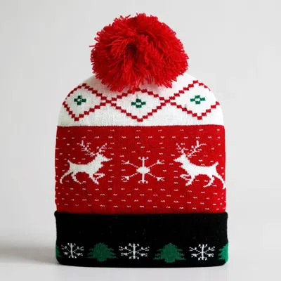 Fashnzfab Reindeer Snowflake Christmas Tree Pattern Pom Pom Winter Beanie Hat In Multi