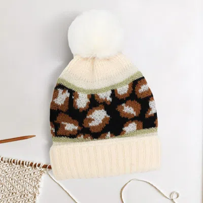Fashnzfab Leopard Patterned Pom Pom Beanie Hat In Multi