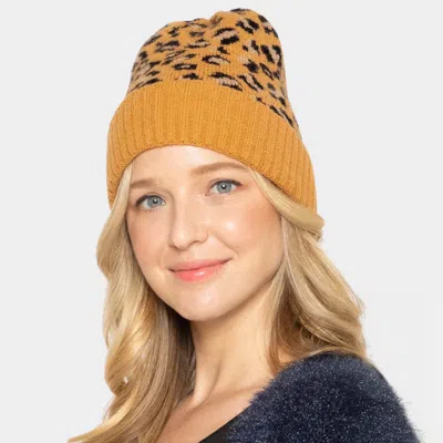 Fashnzfab Leopard Patterned Ribbed Cuff Beanie Hat In Yellow