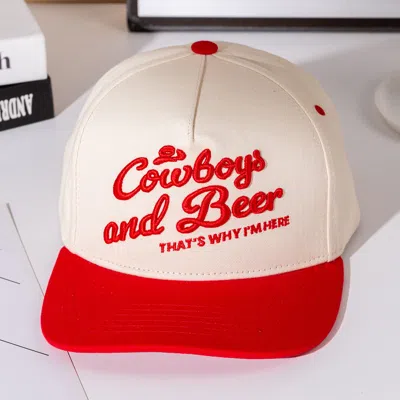 Fashnzfab Cowboy And Beer Message Embroidered Five Panel Canvas Snapback Baseball Cap In Red