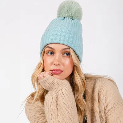 Fashnzfab Solid Color Pom Pom Two Tone Beanie Hat In Blue