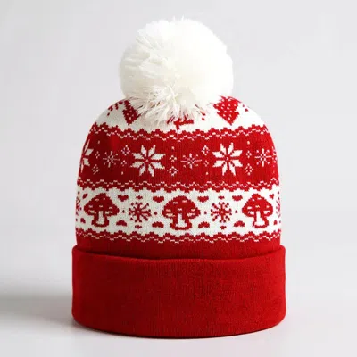 Fashnzfab Snowflake Mushroom Pattern Pom Pom Winter Beanie Hat In Multi