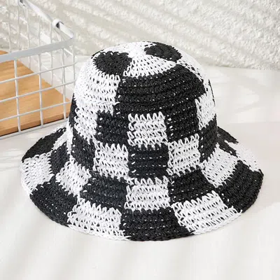 Fashnzfab Checkerboard Patterned Straw Bucket Hat In Black