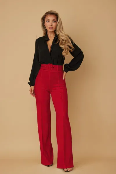 Truedames High Waist Pants With Buckle Belt In Red